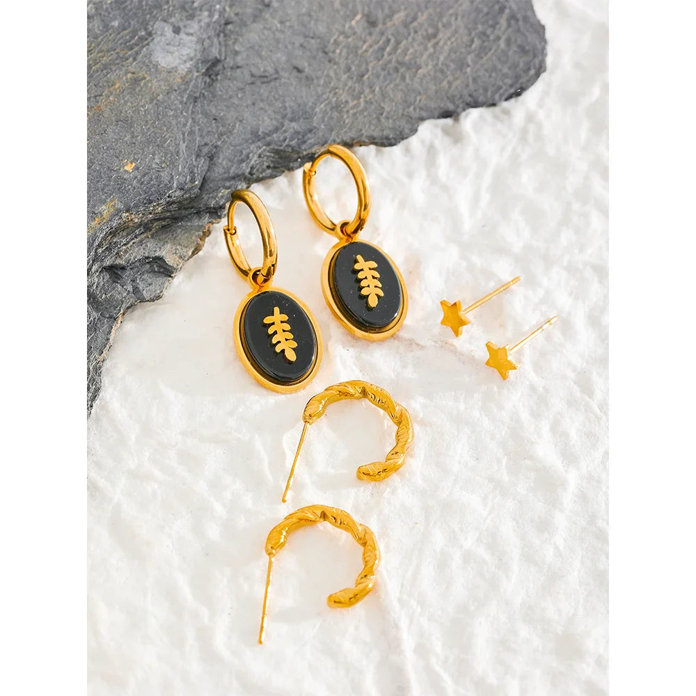Black Agate Drop Hoop Earrings