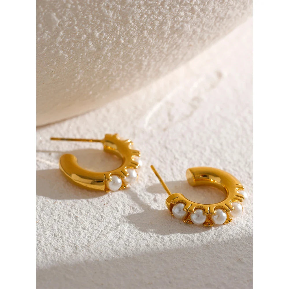 18K Gold Pearl Hoop Earrings