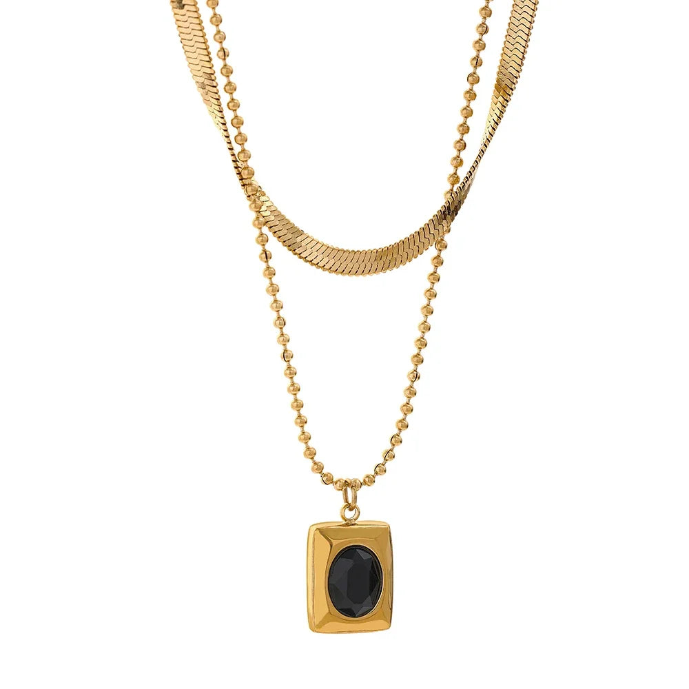 Double Chain Square Pendant Necklace