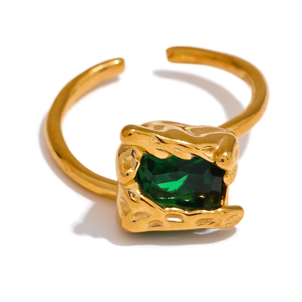 Black Green Cubic Zirconia Square Open Ring