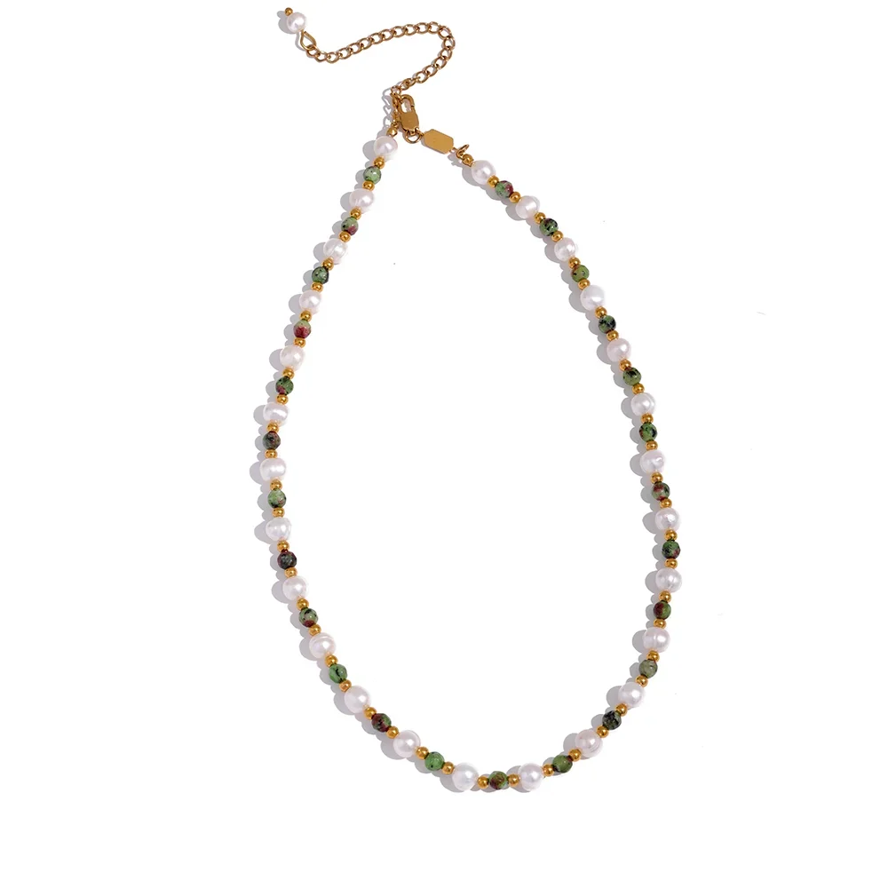 Epidote Stone & Pearl Necklace