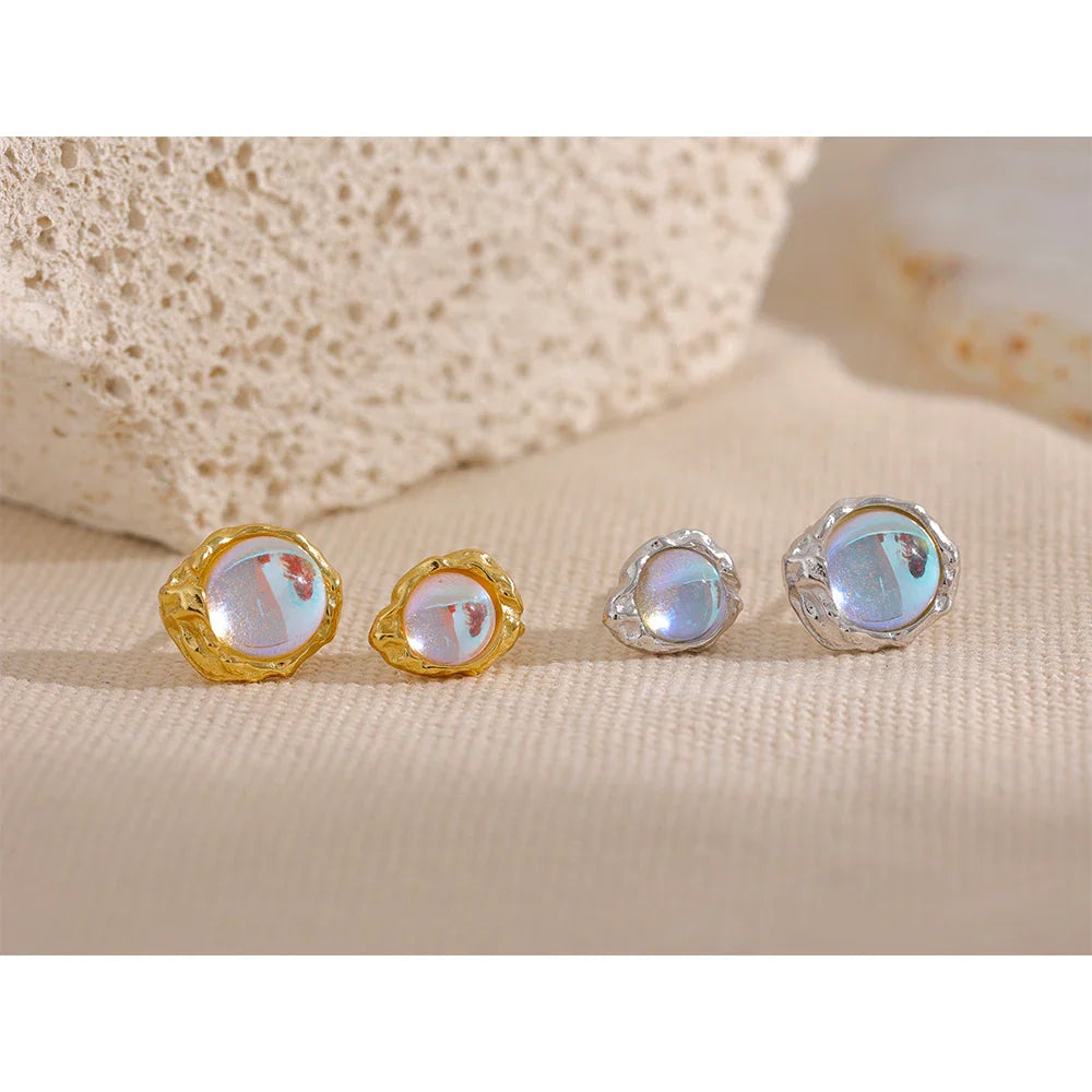 Sterling Silver Asymmetric AB Earrings Stud Artificial Moonstone Mysterious Fashion Texture Luxury Charms Fine Jewelry