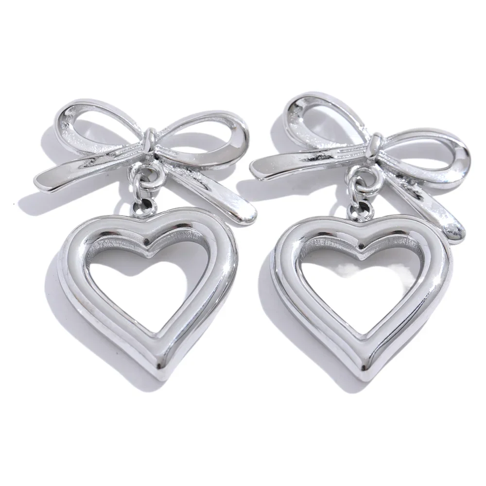 Gold Bow Heart Drop Earrings