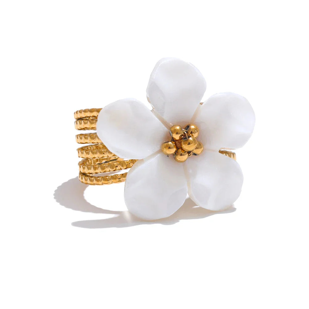 Natural Shell Flower Open Gold Color Ring