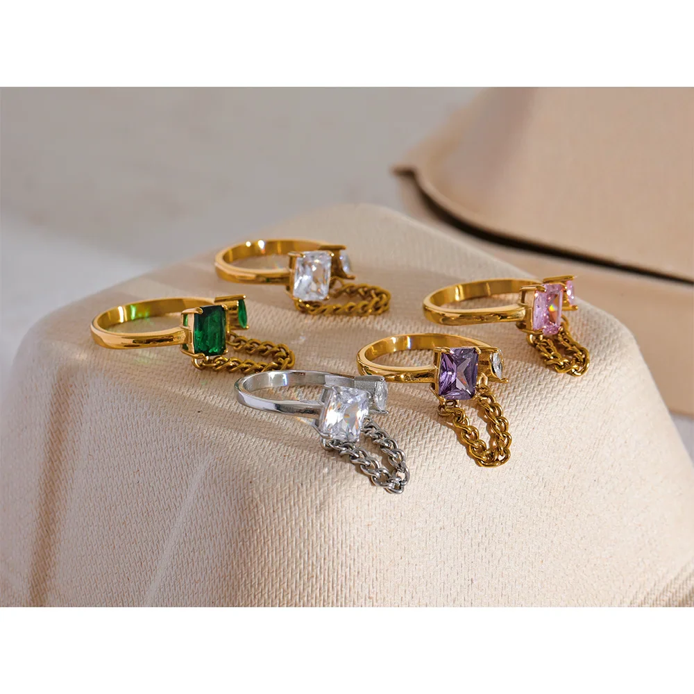 Bling Green Pink Purple White Cubic Zirconia Ring Dangle Chain