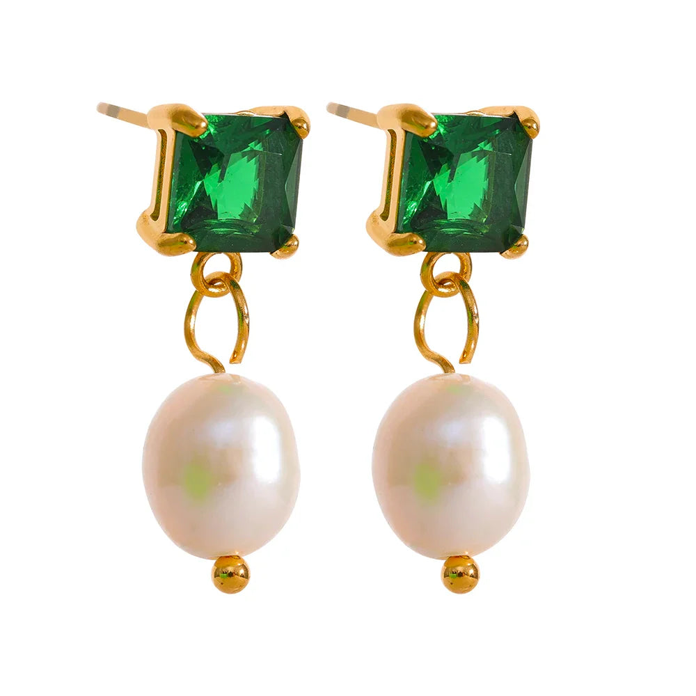Square CZ Pearl Drop Earrings