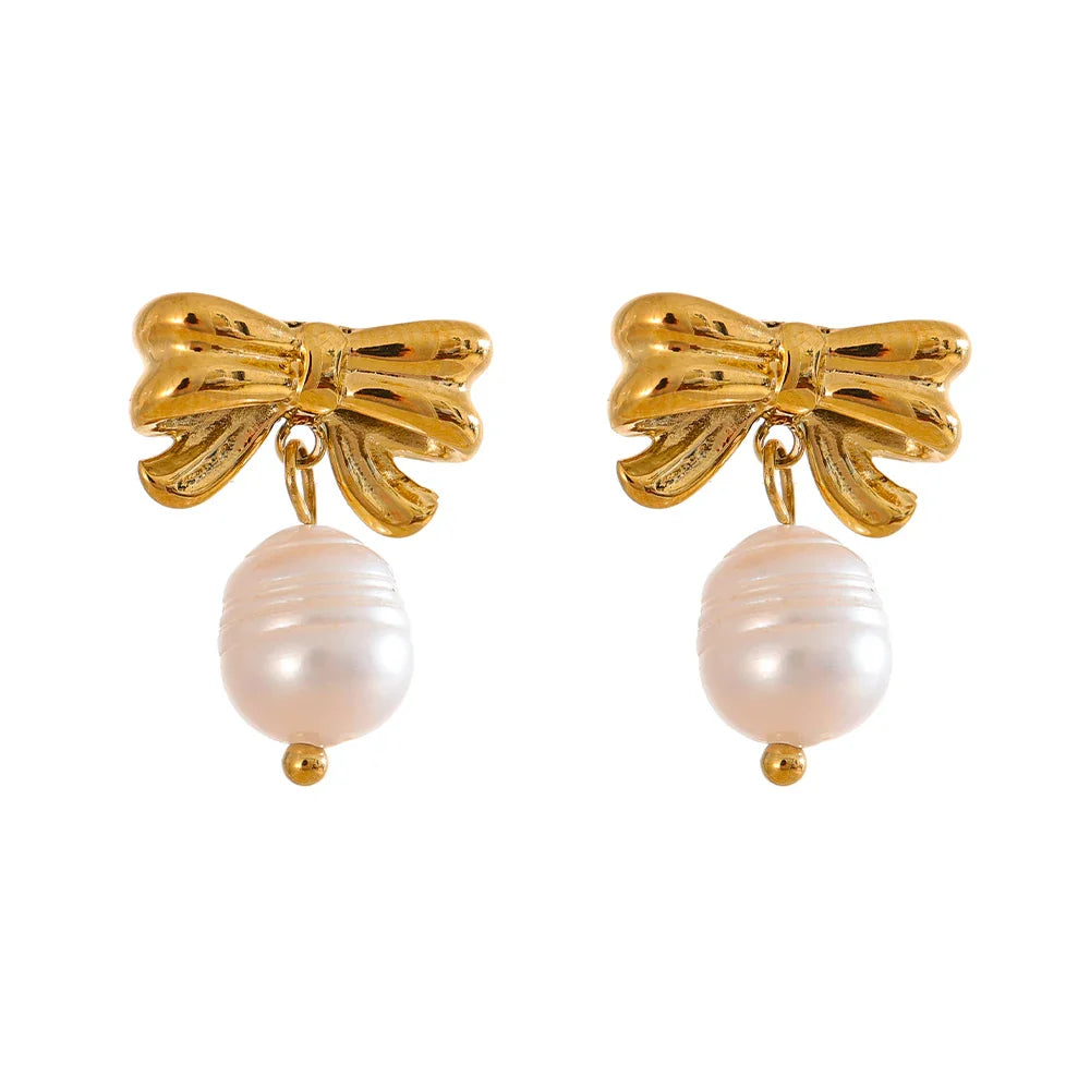 Korean Bow Knot Pearl Drop Earrings
