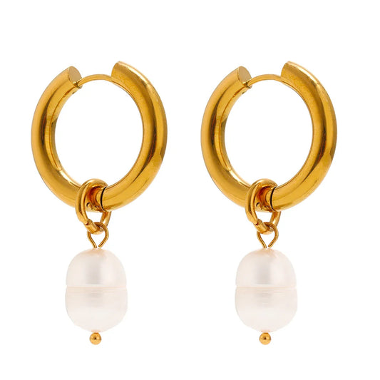 Gold Geometric Pearl Hoop Earrings