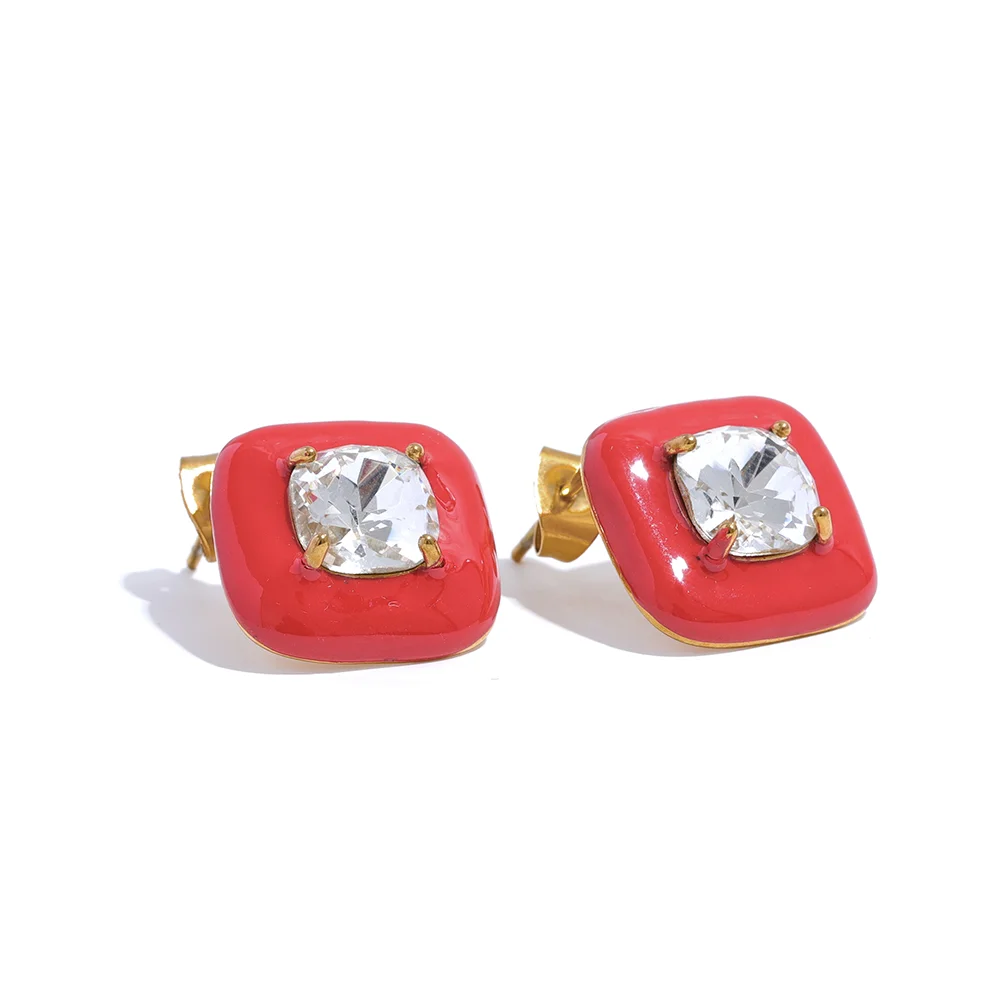 Colorful Enamel Zircon Square Stud Earrings