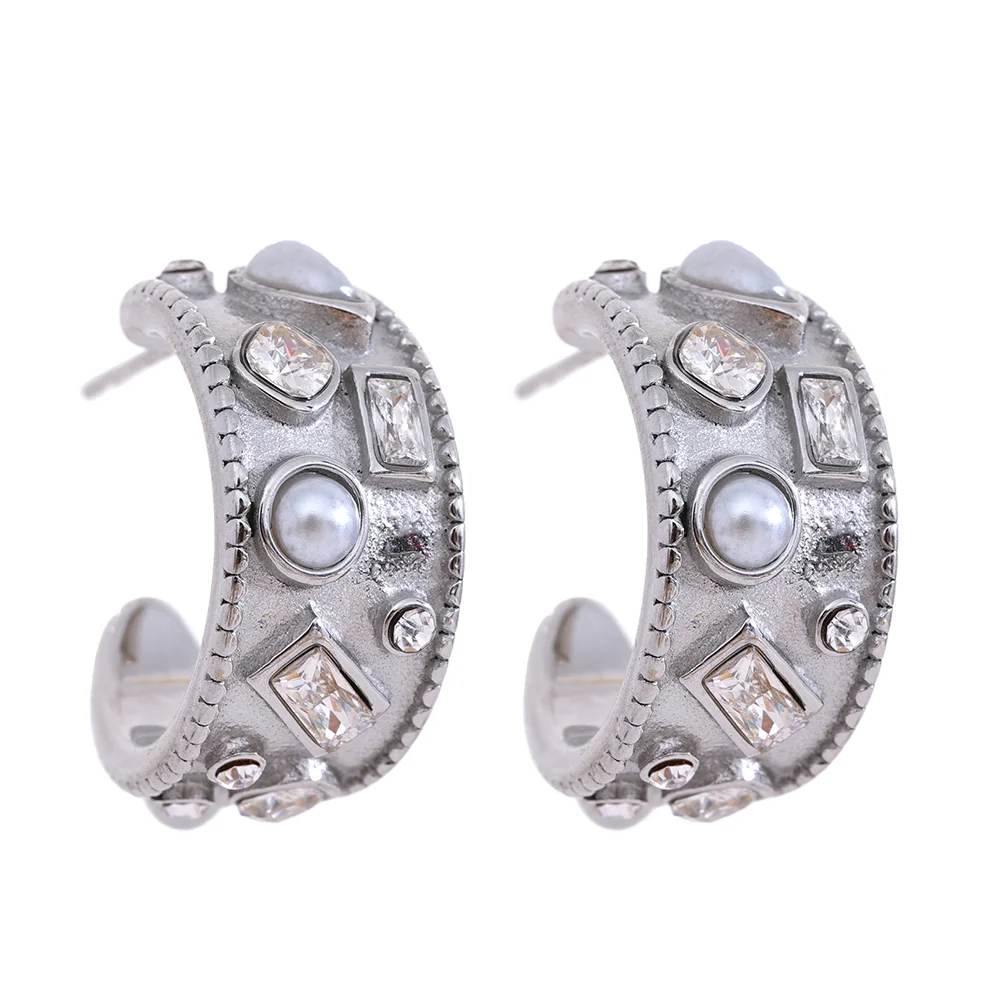 High-Quality Zircon Pearl C-Shaped Earrings