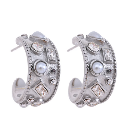 High-Quality Zircon Pearl C-Shaped Earrings