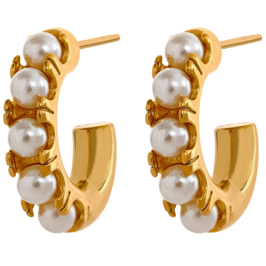 18K Gold Pearl Hoop Earrings