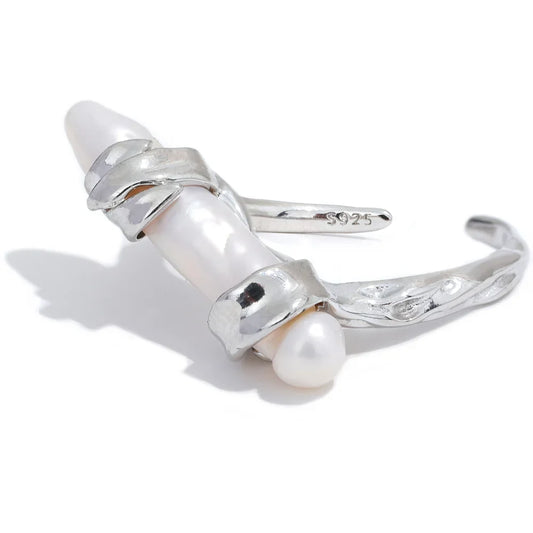 Sterling Silver Geometric Pearl Open Ring