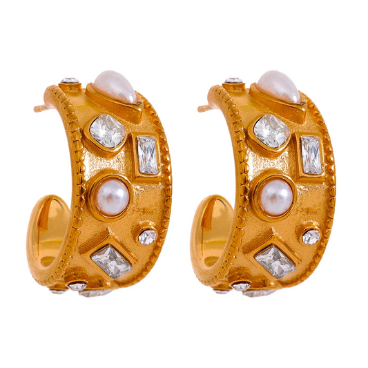 High-Quality Zircon Pearl C-Shaped Earrings