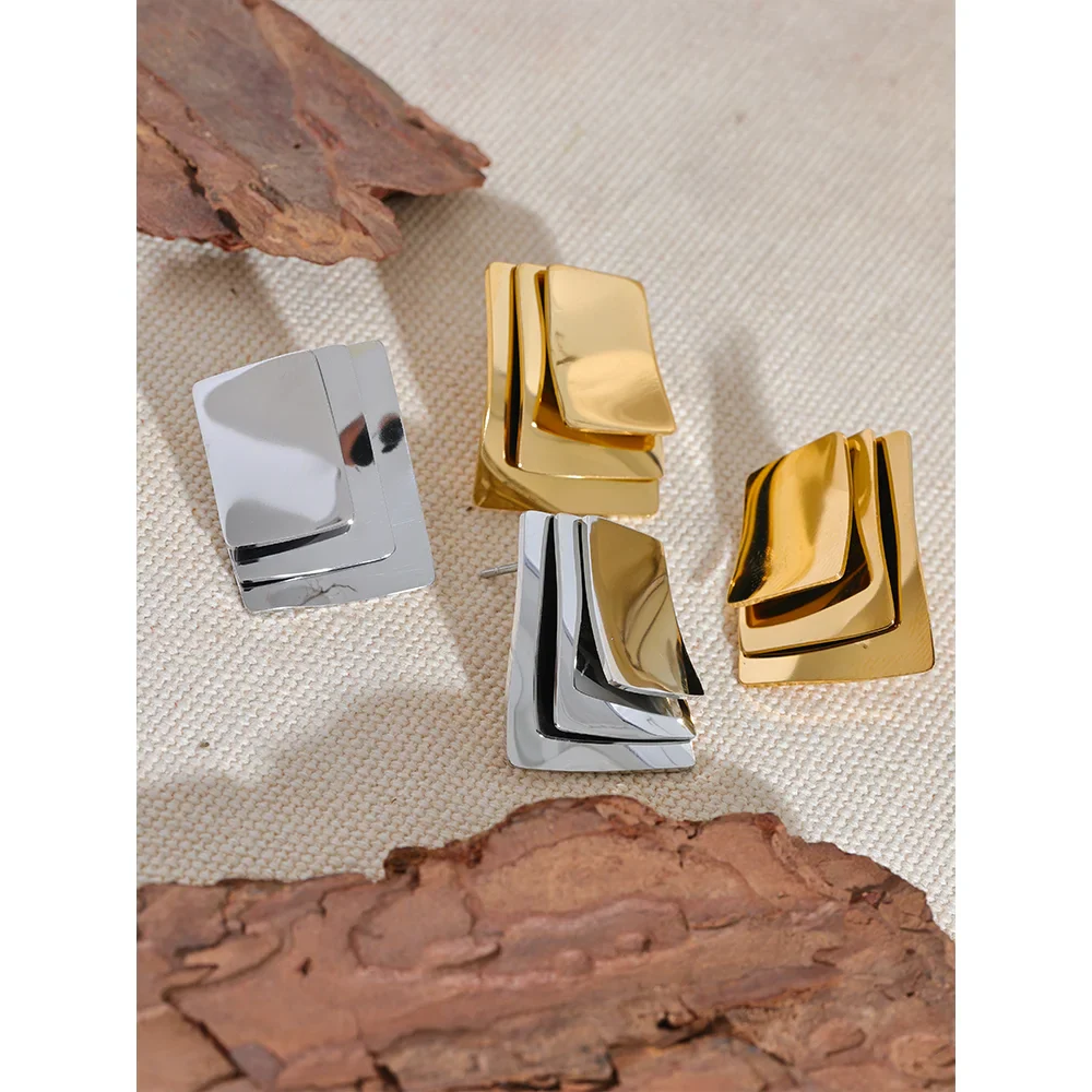 Glossy Square Layered Overlay Stud Earrings