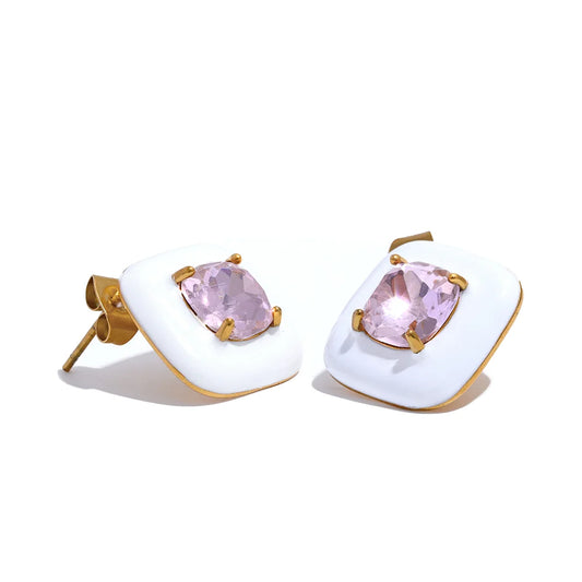 Colorful Enamel Zircon Square Stud Earrings