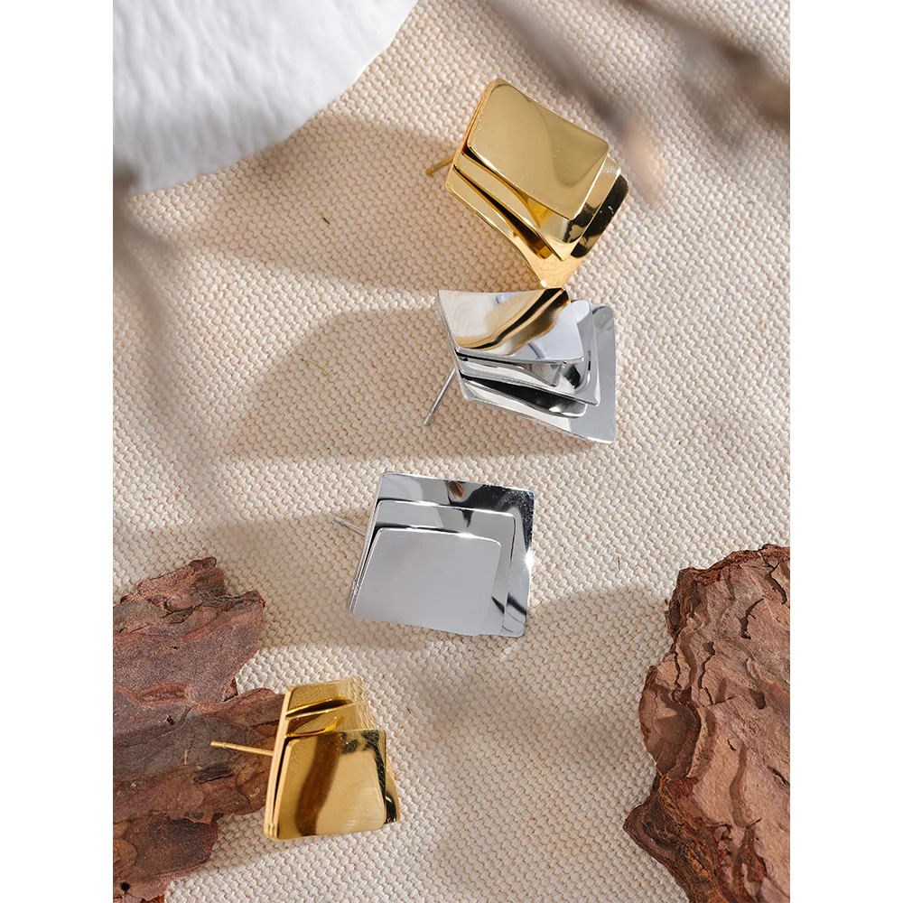 Glossy Square Layered Overlay Stud Earrings