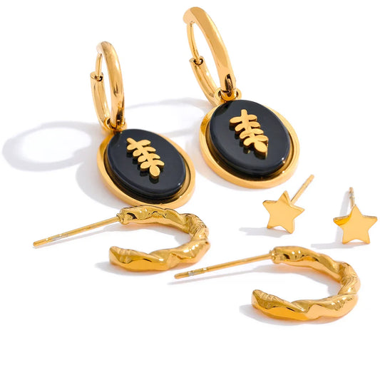 Black Agate Drop Hoop Earrings
