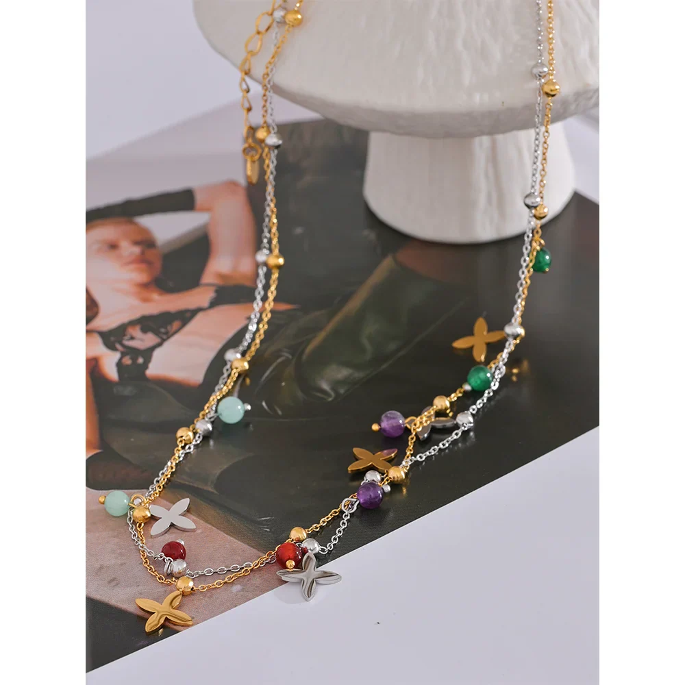 Stainless Steel Stone Flower Pendant Necklace