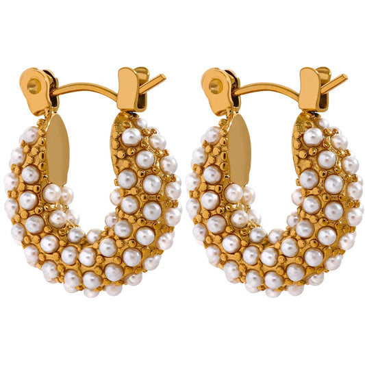 Vintage Gold Pearl Hoop Earrings