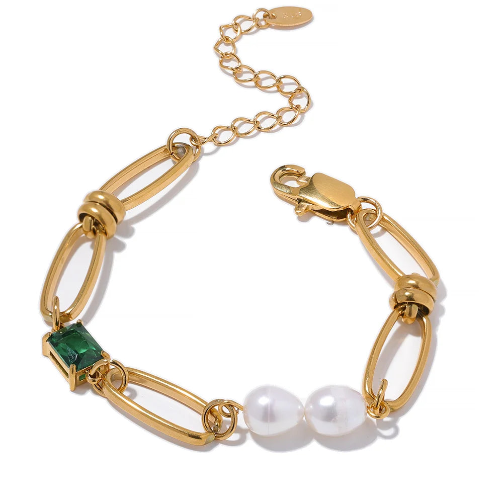 Luxury Green Zircon & Pearl Necklace Bracelet Set