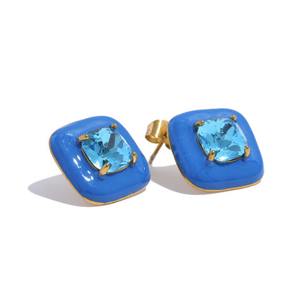 Colorful Enamel Zircon Square Stud Earrings