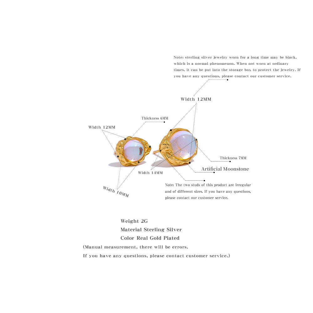 Sterling Silver Asymmetric AB Earrings Stud Artificial Moonstone Mysterious Fashion Texture Luxury Charms Fine Jewelry