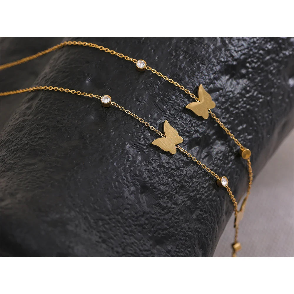 Stylish Chic Temperament Golden Butterfly Delicate Chain Stainless Steel Necklace Waterproof Romantic Zircon Charm Jewelry
