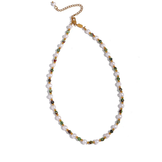 Epidote Stone & Pearl Necklace