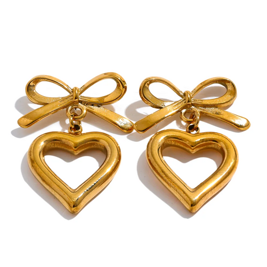 Gold Bow Heart Drop Earrings