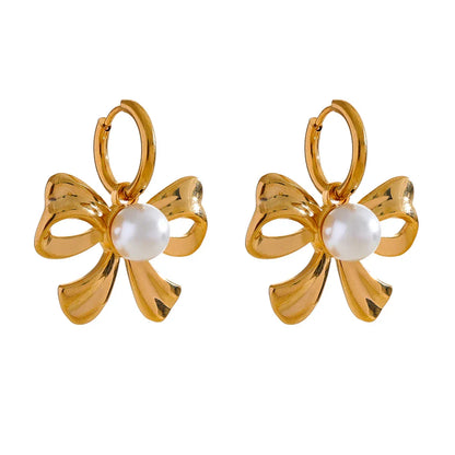 Golden Pearl Bow Knot Hoop Earrings