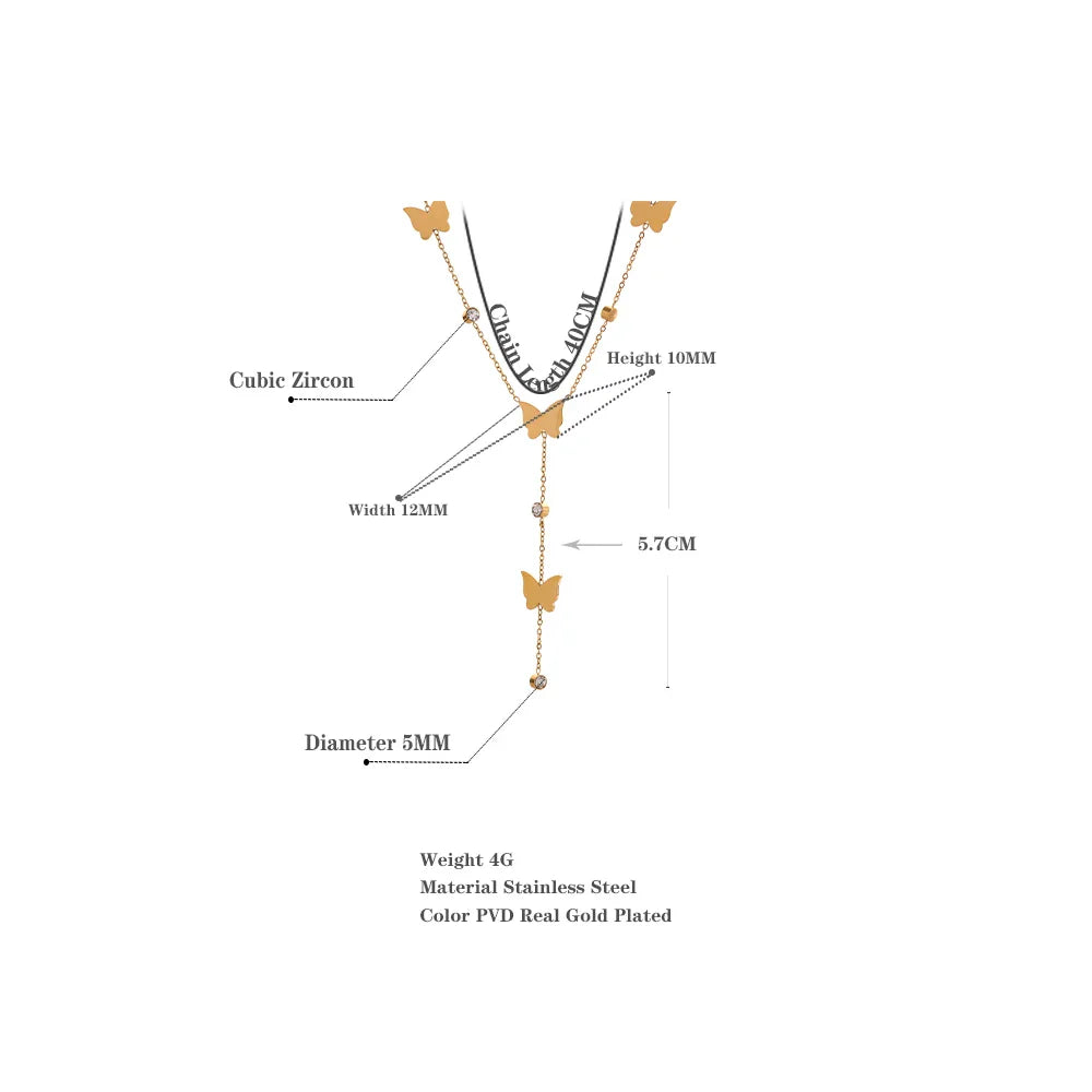 Stylish Chic Temperament Golden Butterfly Delicate Chain Stainless Steel Necklace Waterproof Romantic Zircon Charm Jewelry