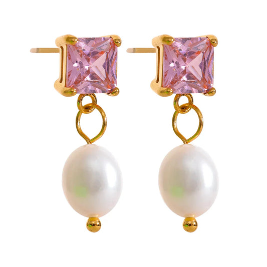 Square CZ Pearl Drop Earrings