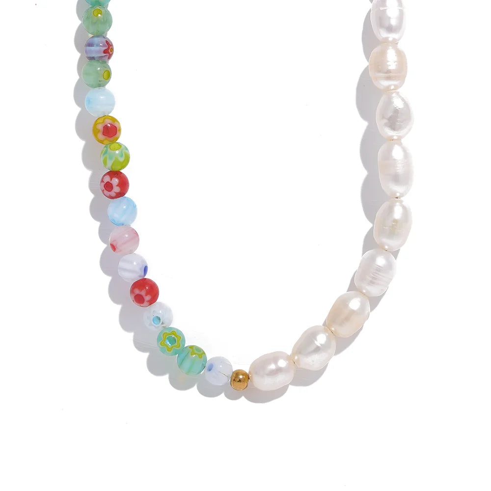Coloured Glaze Pearl Necklace & Bracelet Set