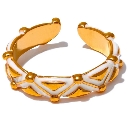 White Enamel Stainless Steel Open Gold Color Ring