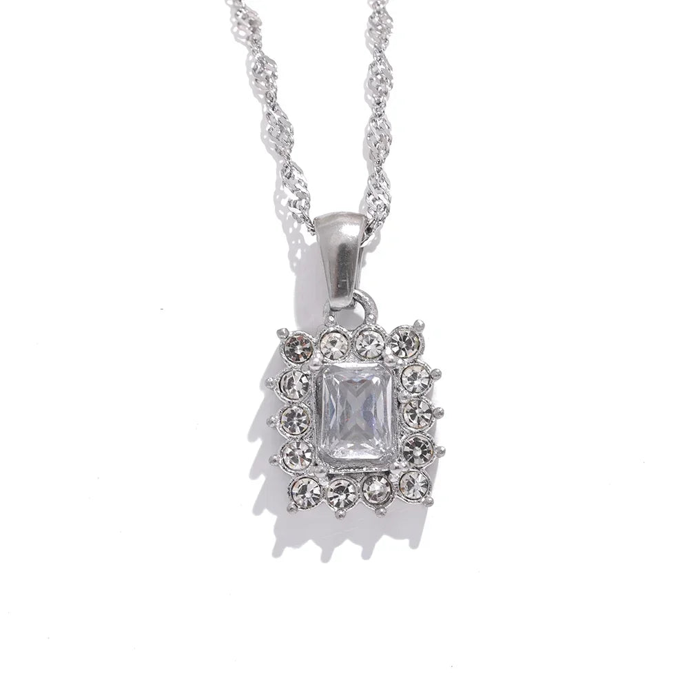 Shiny Cubic Zirconia Square Pendant Necklace