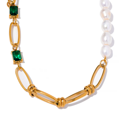 Luxury Green Zircon & Pearl Necklace Bracelet Set