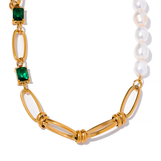 Luxury Green Zircon & Pearl Necklace Bracelet Set
