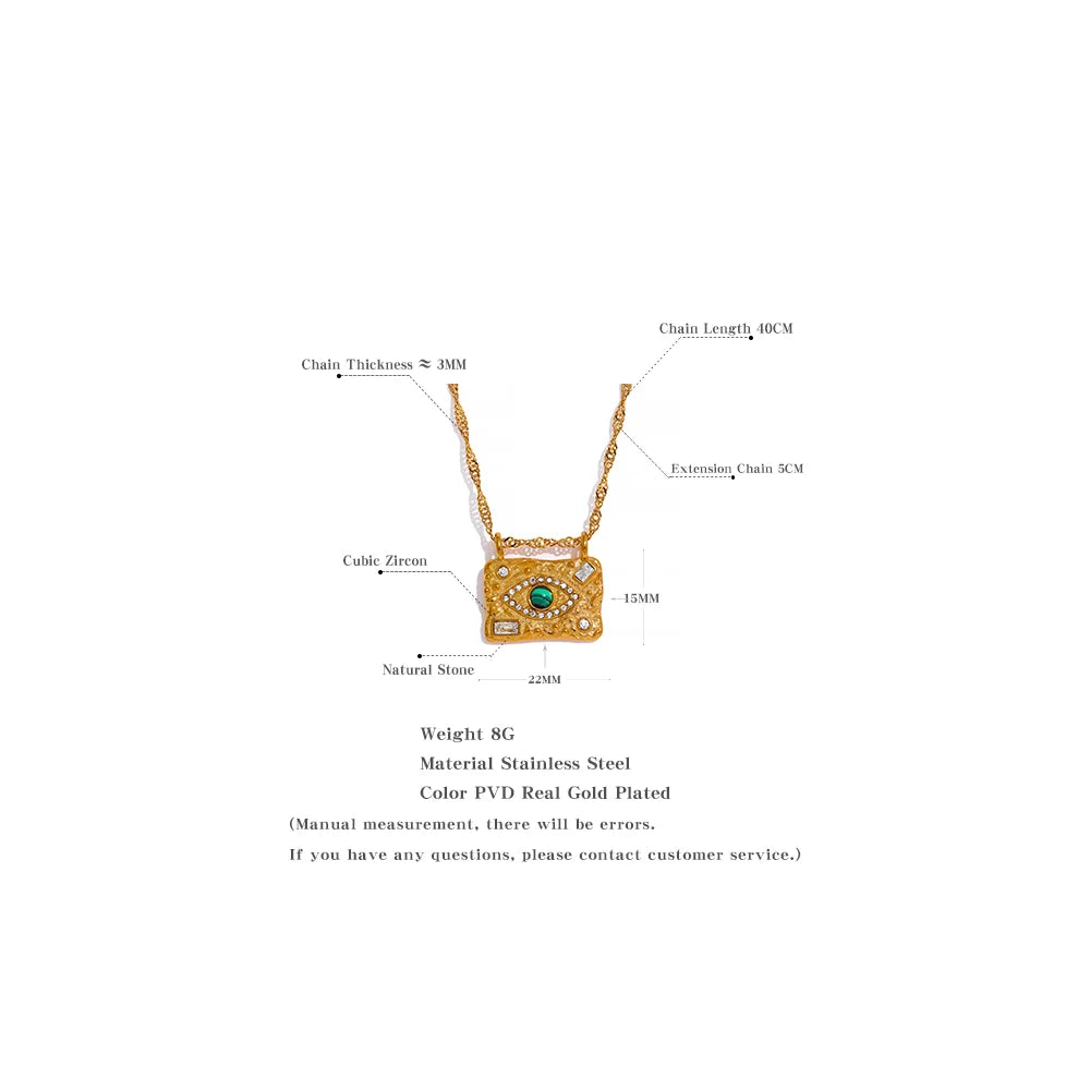 Vintage Fashion Stone Eye Bead Zircon Square Pendant Stainless Steel Luxury Necklace for Women Charm Golden Jewelry Gift