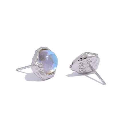 Sterling Silver Asymmetric AB Earrings Stud Artificial Moonstone Mysterious Fashion Texture Luxury Charms Fine Jewelry