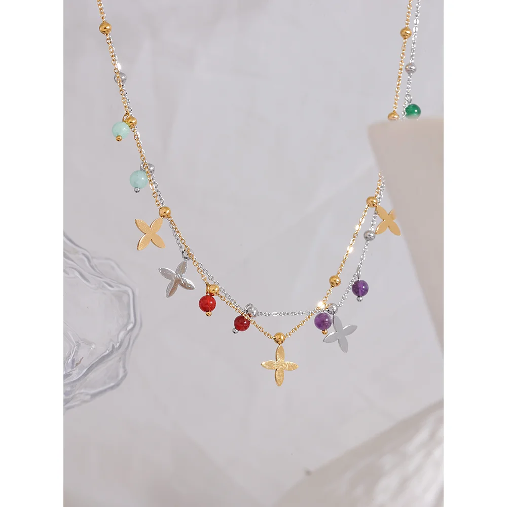 Stainless Steel Stone Flower Pendant Necklace