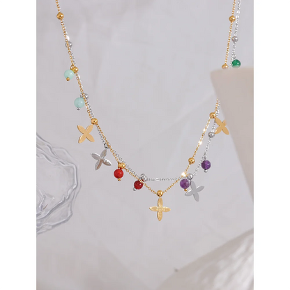 Stainless Steel Stone Flower Pendant Necklace