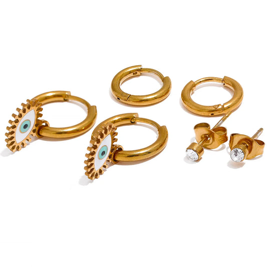 Stainless Steel Enamel Eye Hoop Earrings Set