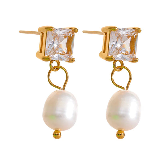 Square CZ Pearl Drop Earrings