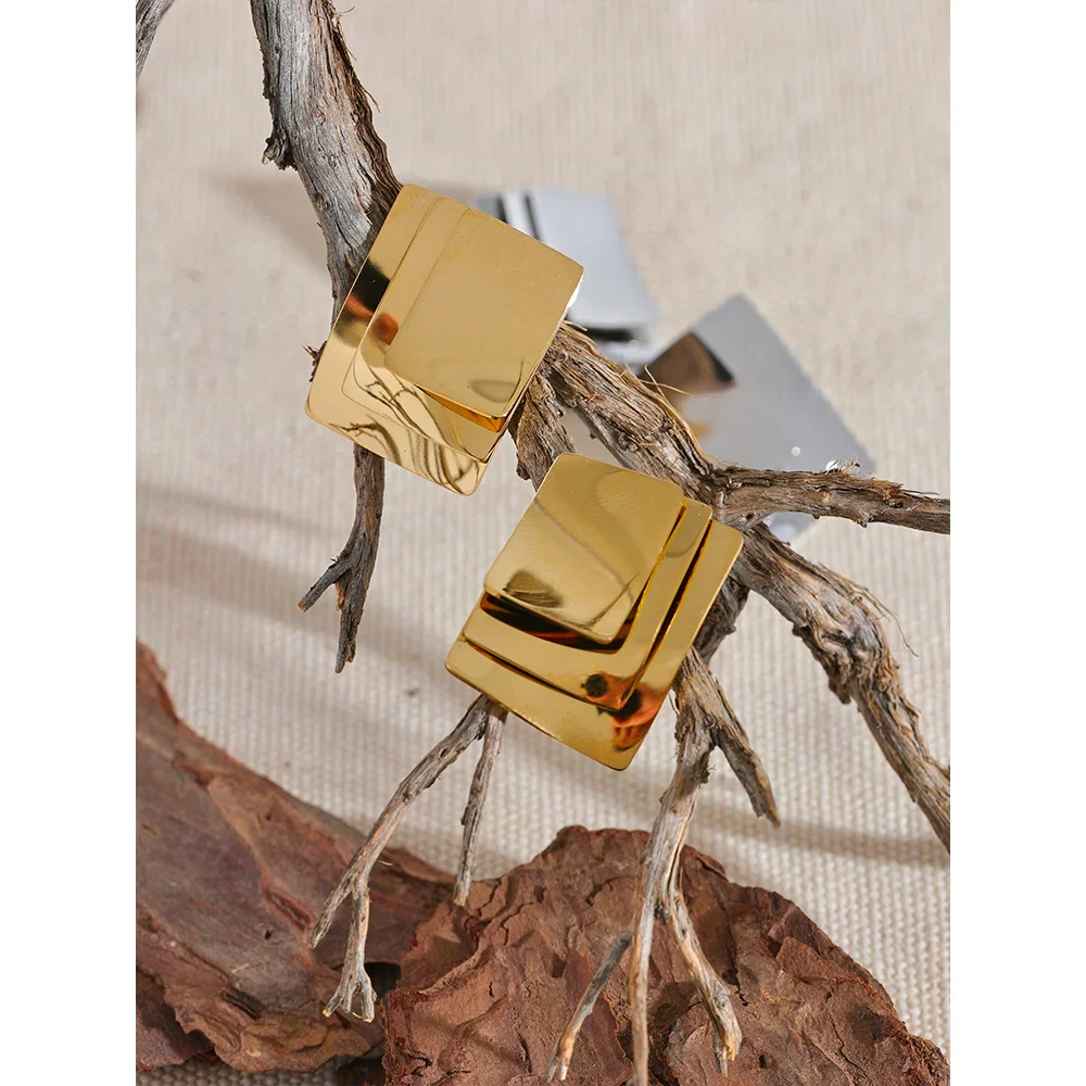 Glossy Square Layered Overlay Stud Earrings