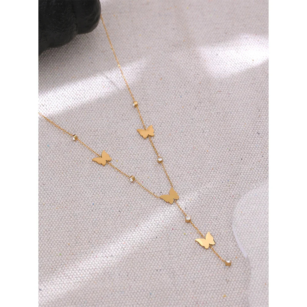 Stylish Chic Temperament Golden Butterfly Delicate Chain Stainless Steel Necklace Waterproof Romantic Zircon Charm Jewelry