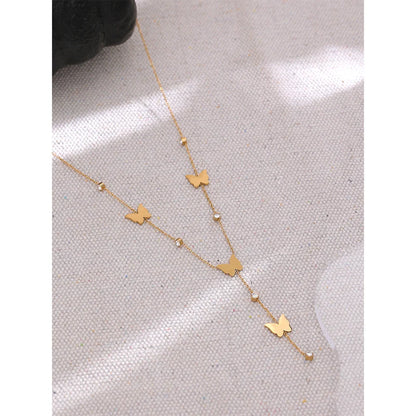 Stylish Chic Temperament Golden Butterfly Delicate Chain Stainless Steel Necklace Waterproof Romantic Zircon Charm Jewelry