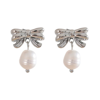Korean Bow Knot Pearl Drop Earrings