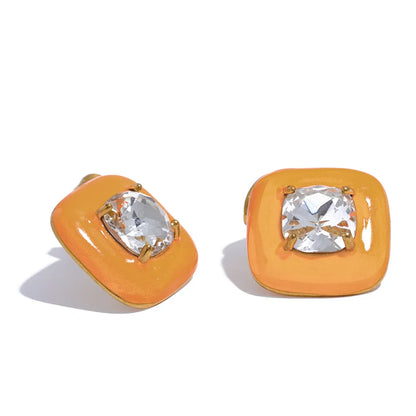 Colorful Enamel Zircon Square Stud Earrings