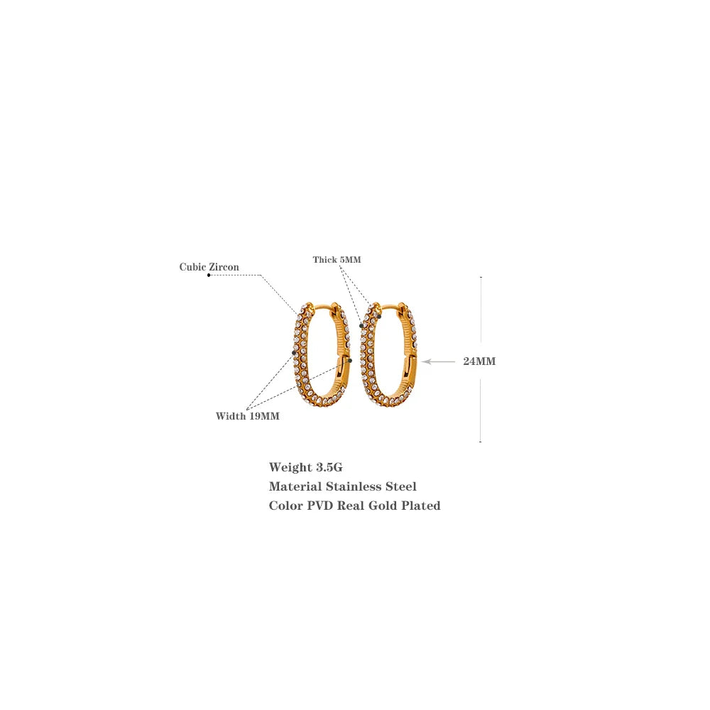 Gold Zircon Oval Hoop Earrings